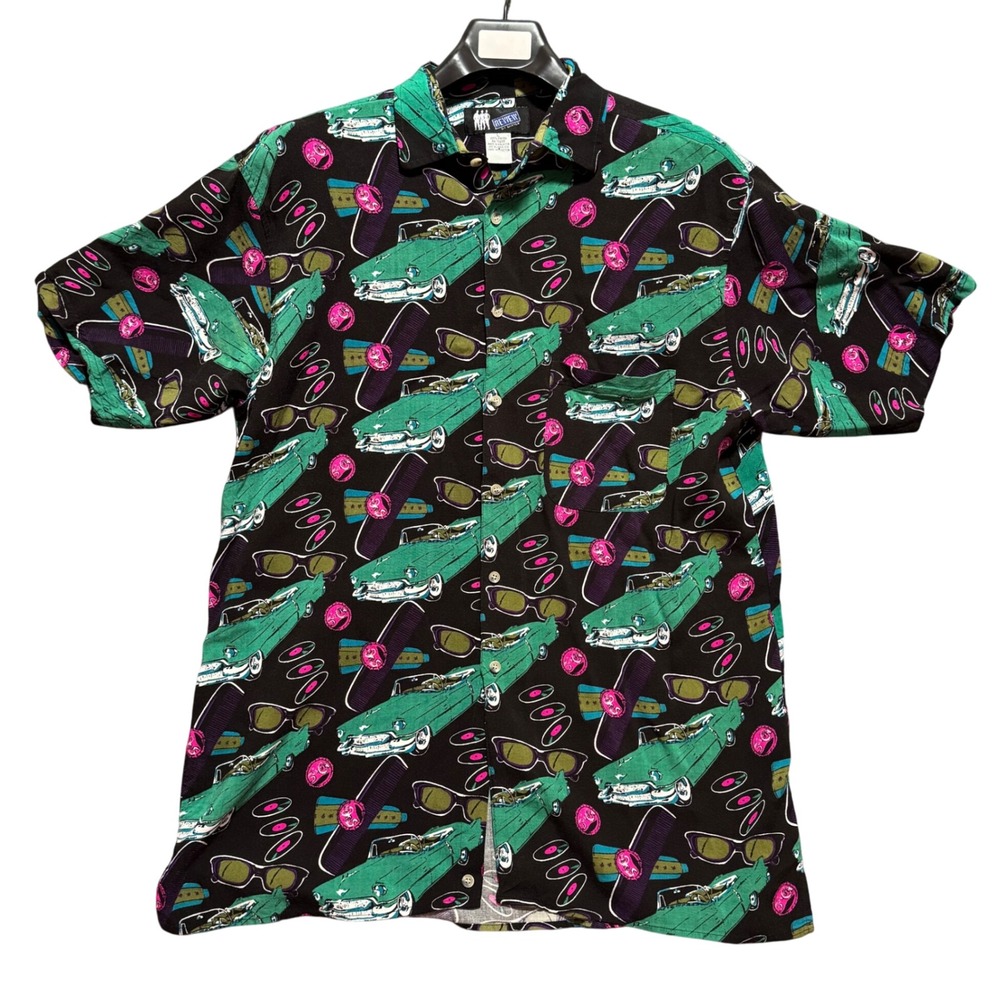 80s Review By Baxter Mens Large Rayon Shirt Short Sleeve Disco Funky Print